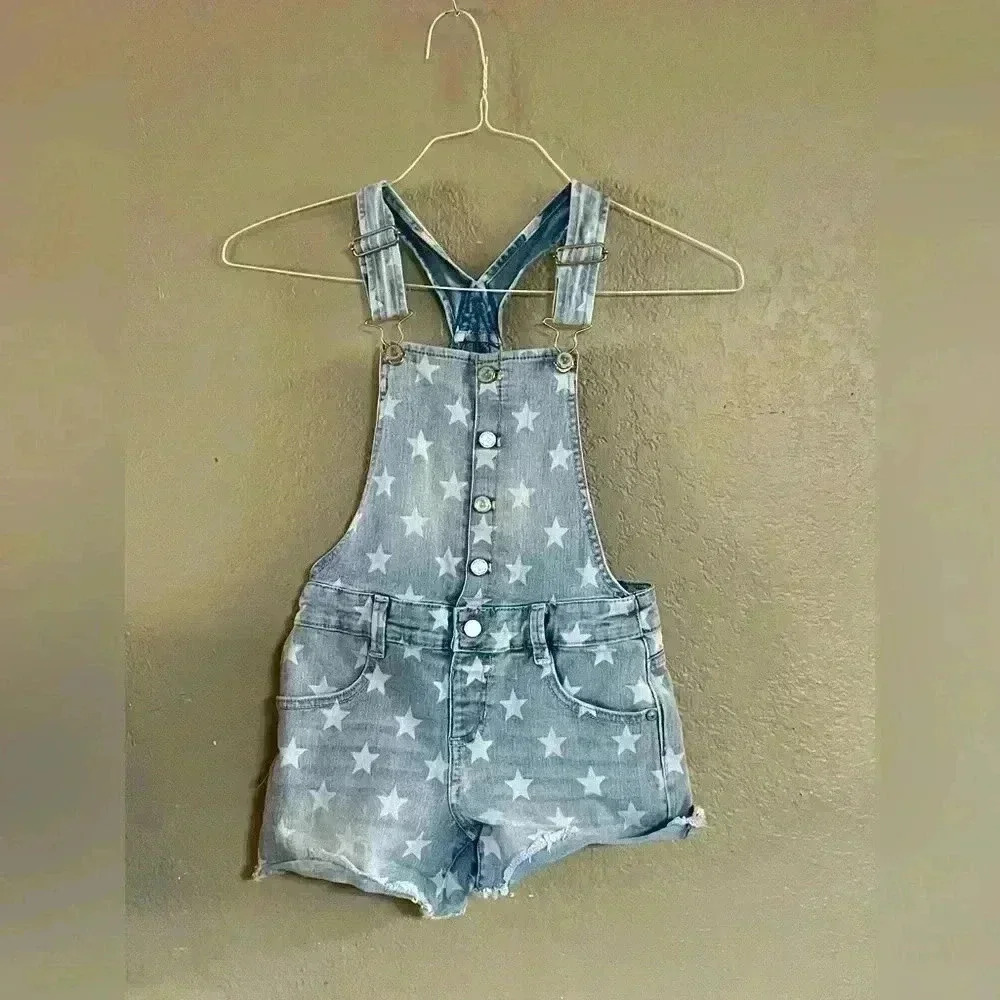 Y2K Vtg Jordache‎ Girls Bleached Overall Shorts sz 7/8 Star Themed